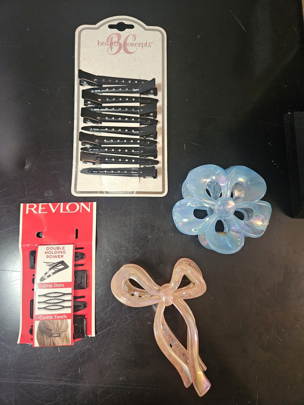 Revlon Black Clips with Iridescent Blue Flower and Peach Bow Hair Accessories